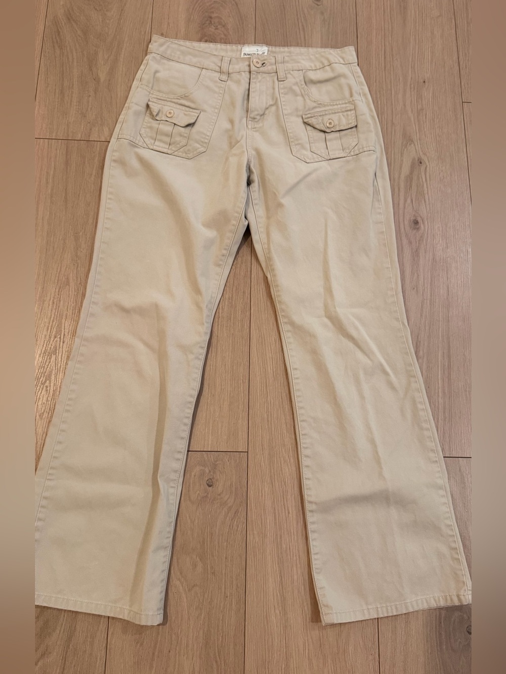 100% Cotton Cargo Fashion Bug Beige Wide-Leg Jeans with Front Flap Pockets